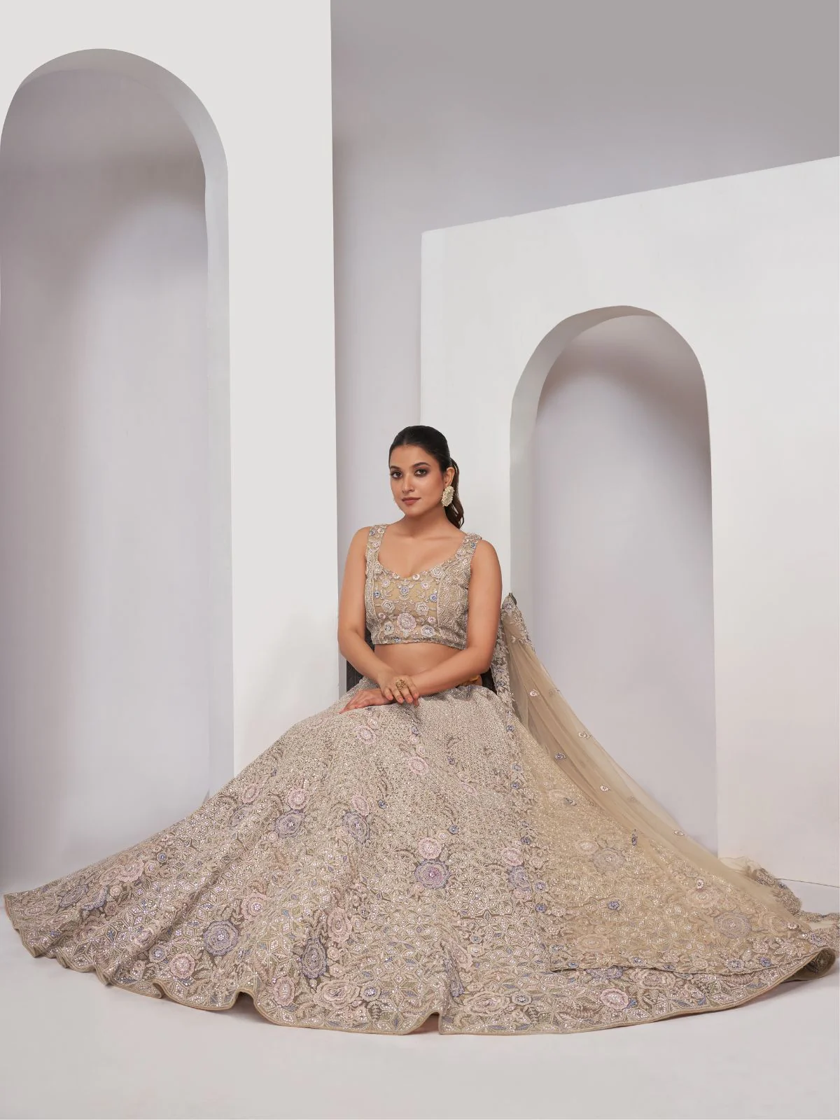 Odette Golden Soft Net Embroidered Semi Stitched Lehenga With Unstitched Blouse For Women - Image 2