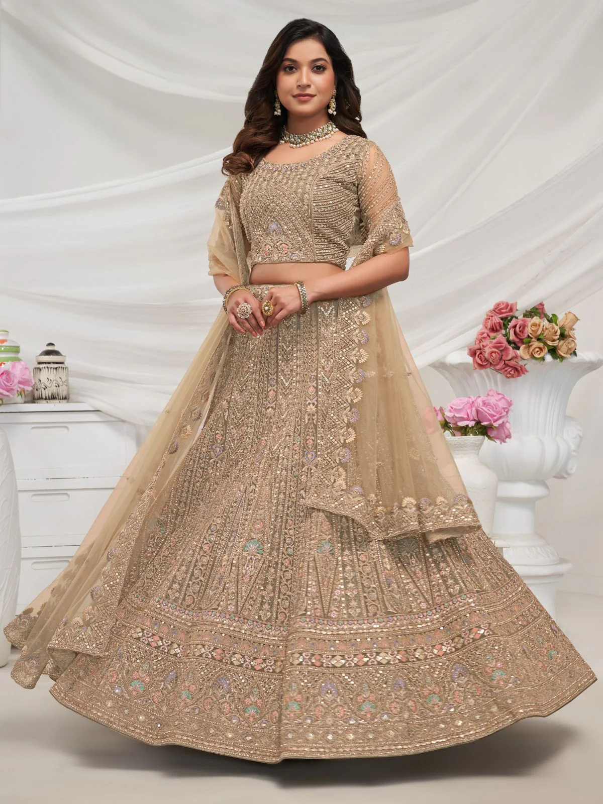 Odette Golden Soft Net Embroidered Semi Stitched Lehenga With Unstitched Blouse For Women - Image 3