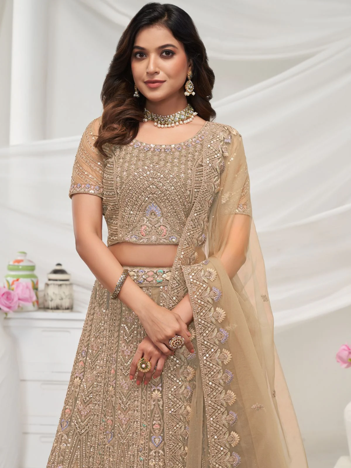 Odette Golden Soft Net Embroidered Semi Stitched Lehenga With Unstitched Blouse For Women - Image 4