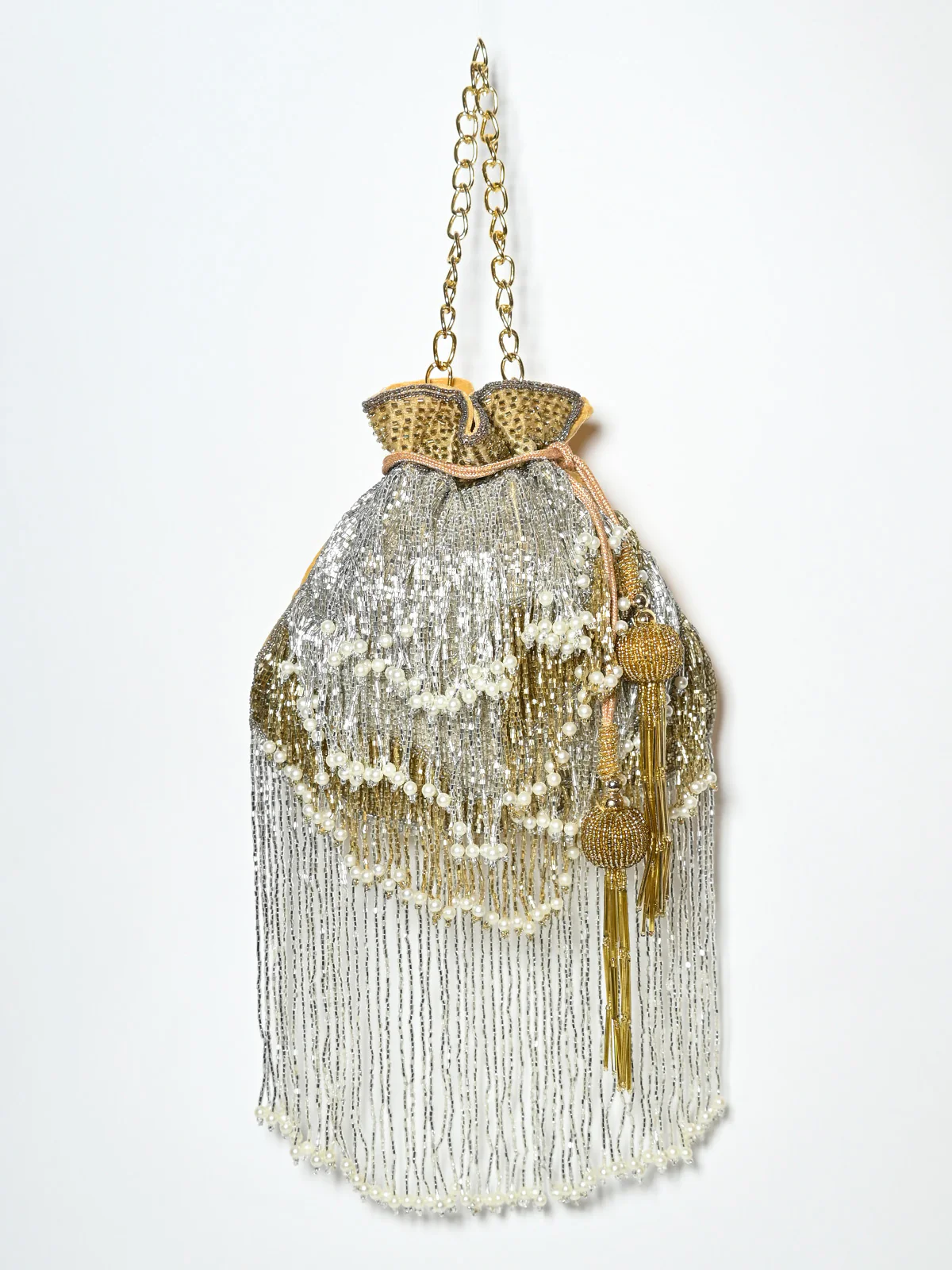 Odette Golden Suede Cutdana And Pearl Embellished Potli For Women - Image 2