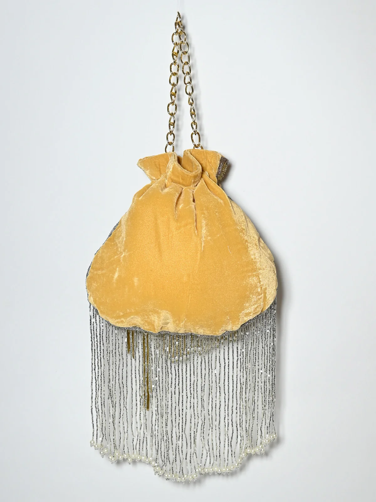 Odette Golden Suede Cutdana And Pearl Embellished Potli For Women - Image 4