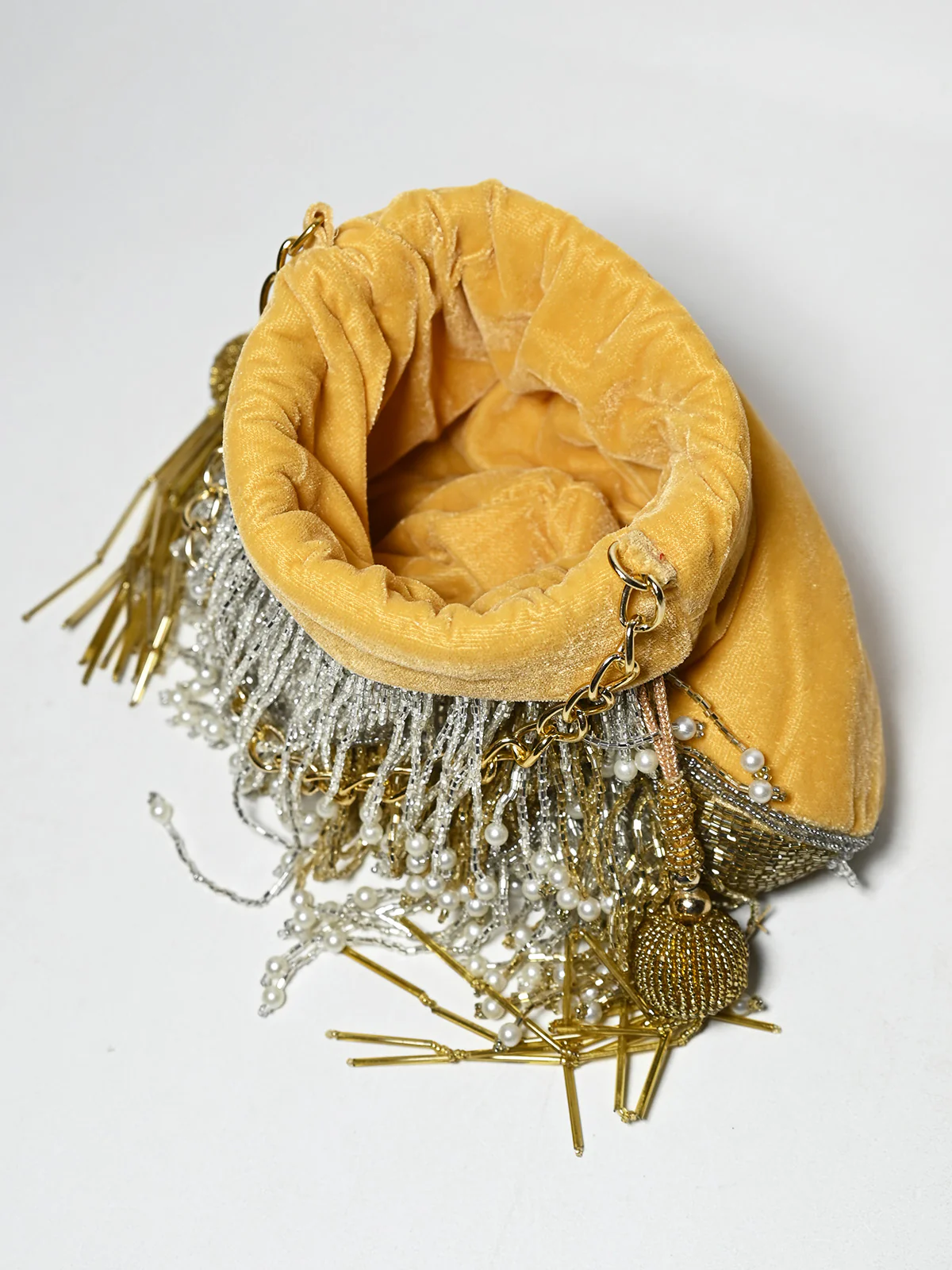 Odette Golden Suede Cutdana And Pearl Embellished Potli For Women - Image 5