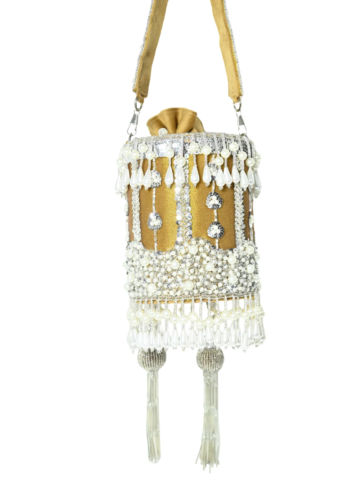 Odette Golden Suede Embellished Potli For Women - Image 4