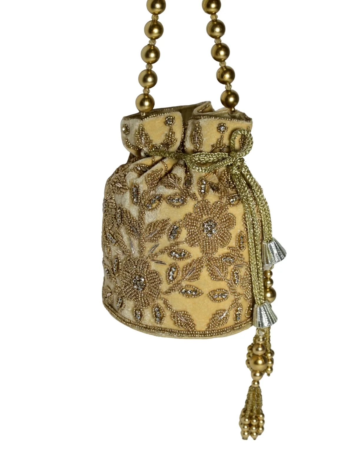 Odette Golden Suede Embellished Potli For Women - Image 6