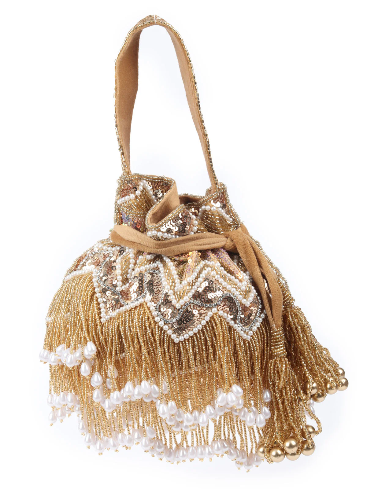 Odette Golden Suede With Sequin And Beads Tassels Potli For Women - Image 3