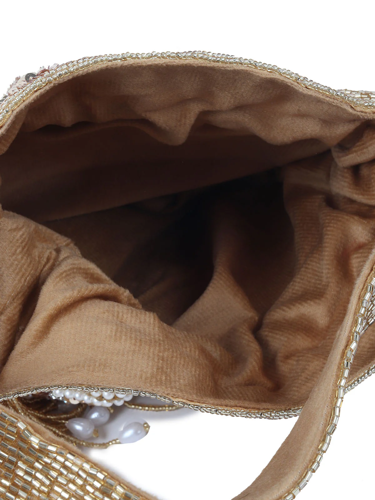 Odette Golden Suede With Sequin And Beads Tassels Potli For Women - Image 6