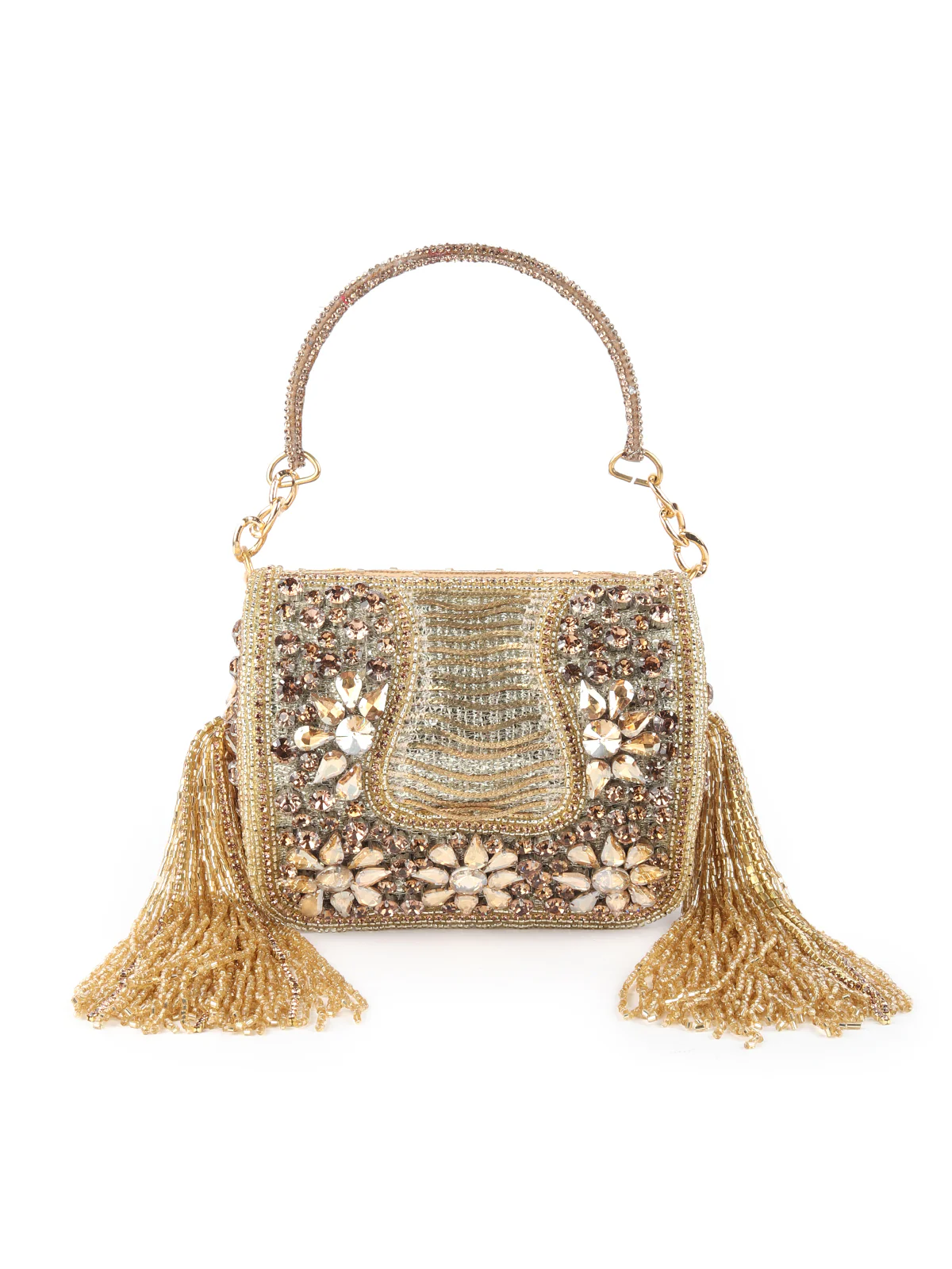 Odette Golden Tasseled Structured Round Clutch For Women - Image 3