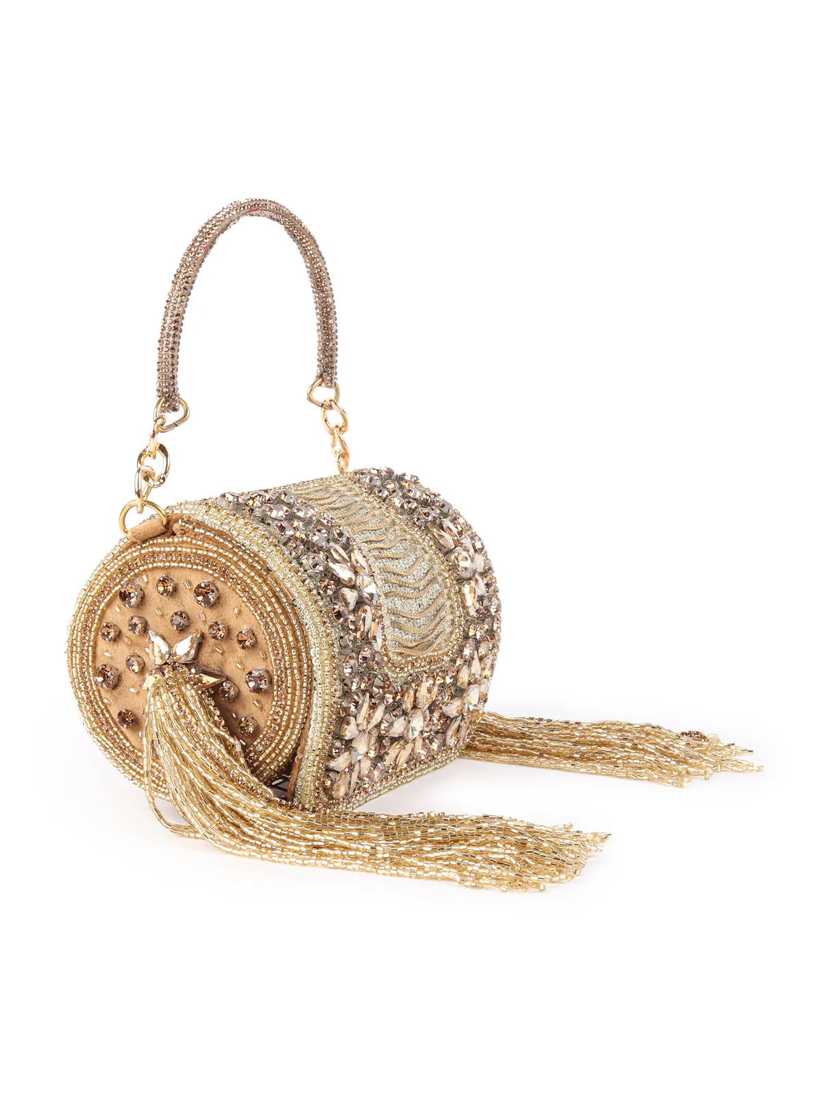 Odette Golden Tasseled Structured Round Clutch For Women - Image 4