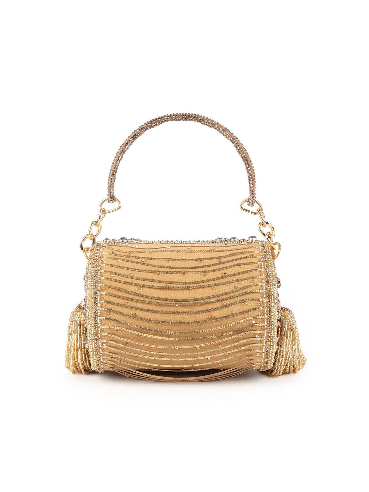 Odette Golden Tasseled Structured Round Clutch For Women - Image 5