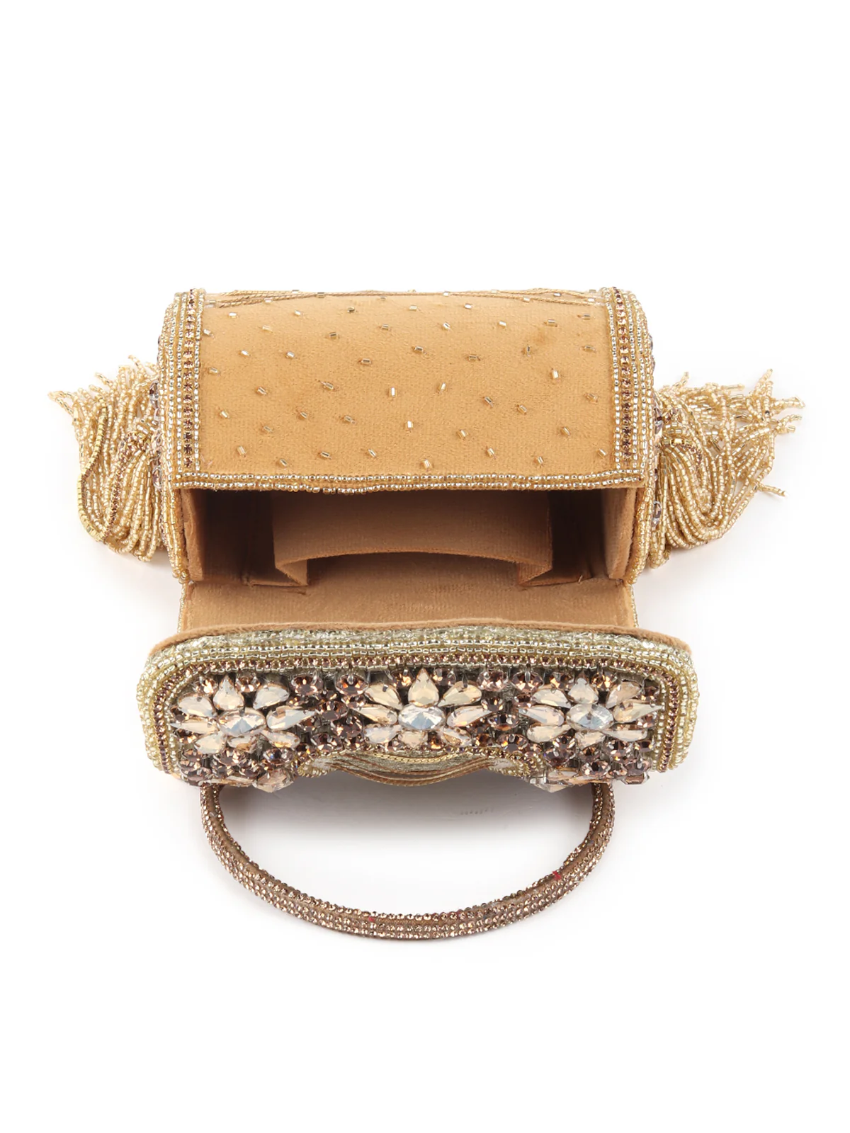 Odette Golden Tasseled Structured Round Clutch For Women - Image 6