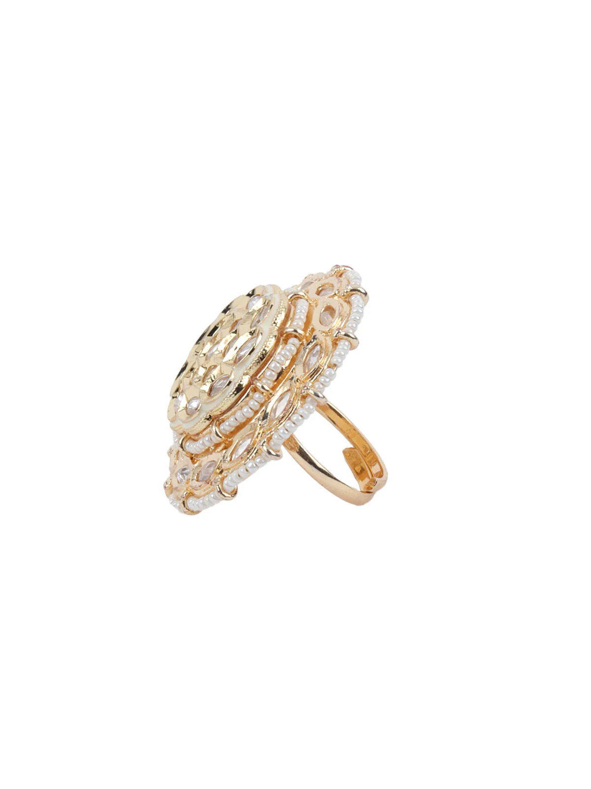 Odette Golden & White Alloy Embellished Ring For Women - Image 5