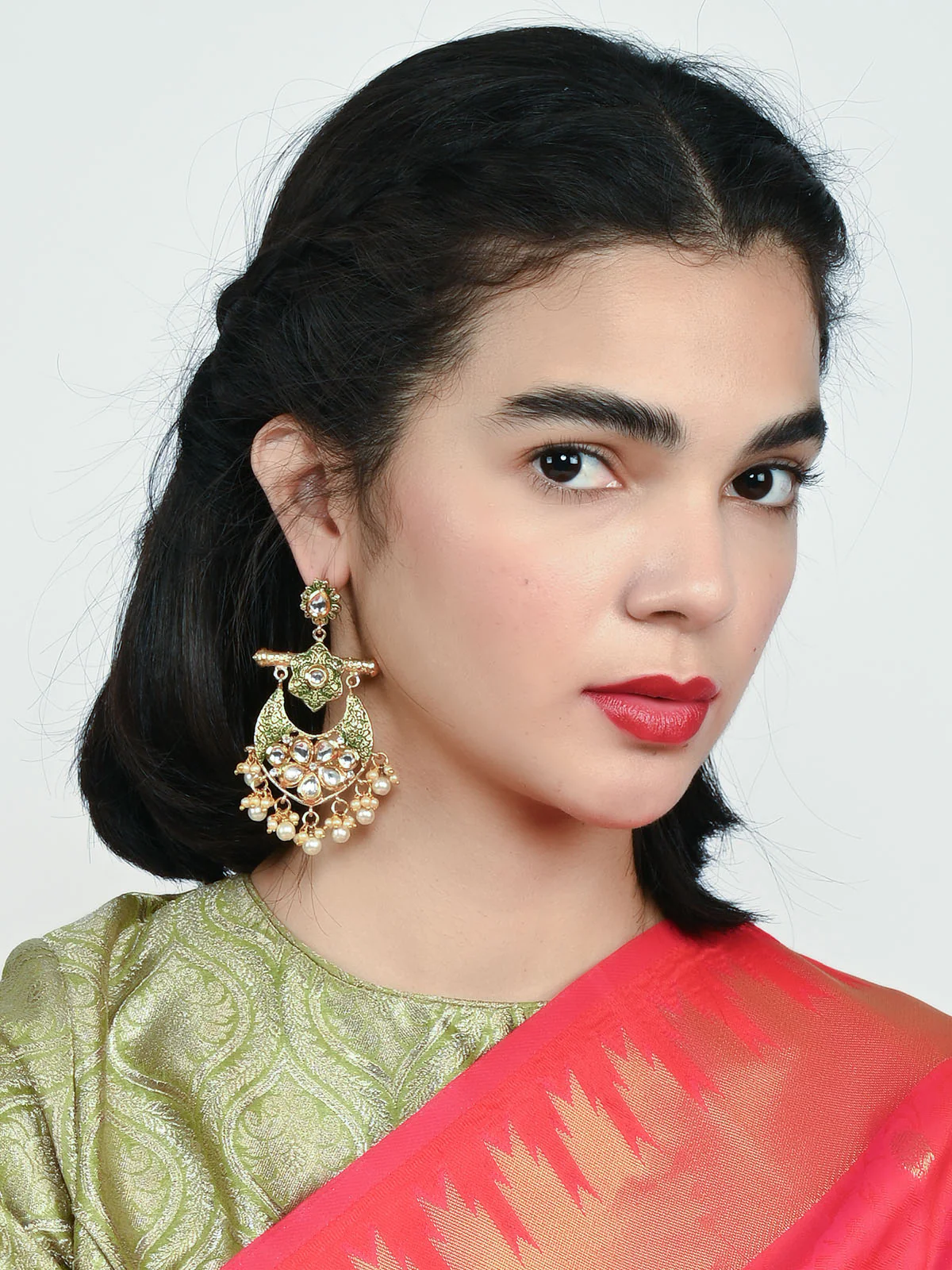Odette Green And Gold Alloy Embellished Earrings For Women - Image 6