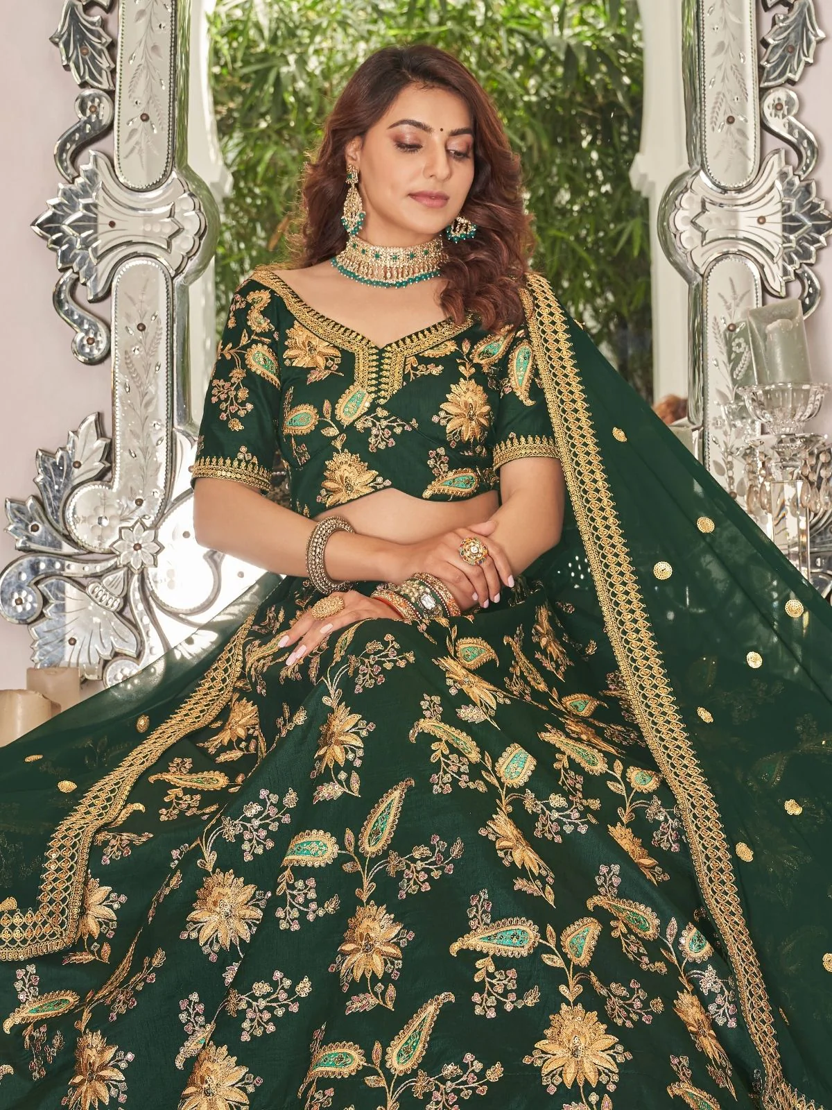 Odette Green And Gold Art Silk Embroidered Semi Stitched Lehenga With Blouse For Women - Image 3