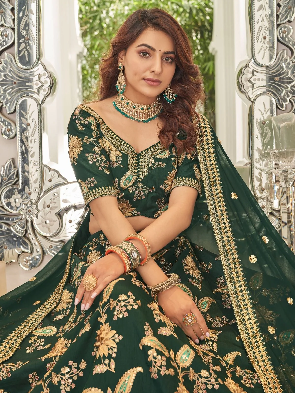 Odette Green And Gold Art Silk Embroidered Semi Stitched Lehenga With Blouse For Women - Image 4