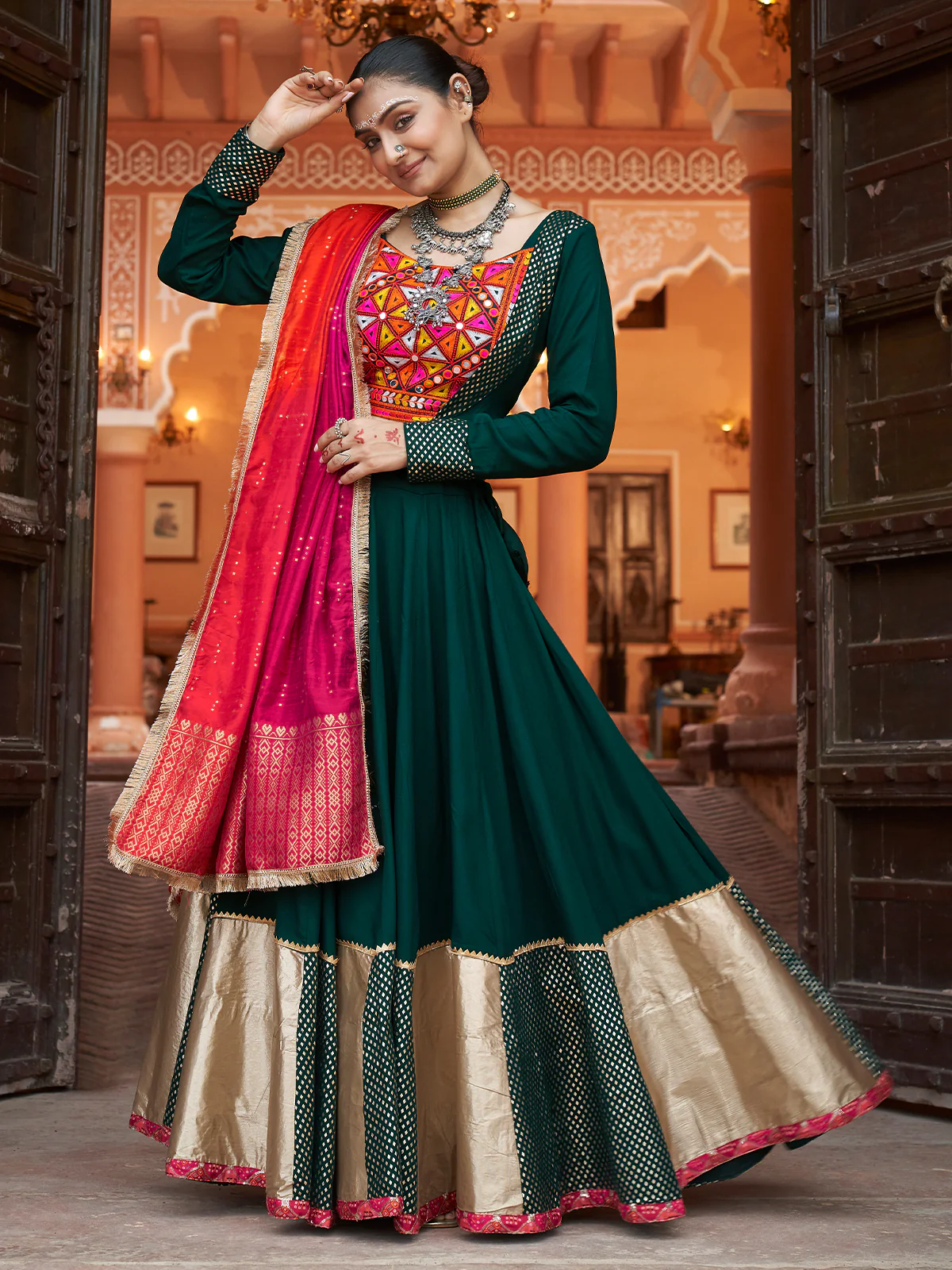Odette Green And Gold Rayon Printed Stitched Lehenga With Blouse For Women - Image 2