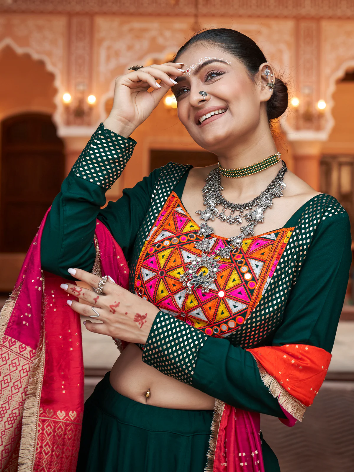 Odette Green And Gold Rayon Printed Stitched Lehenga With Blouse For Women - Image 4