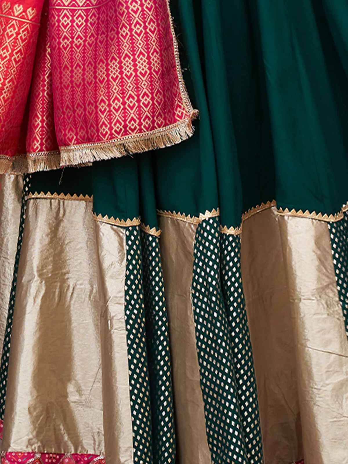 Odette Green And Gold Rayon Printed Stitched Lehenga With Blouse For Women - Image 6