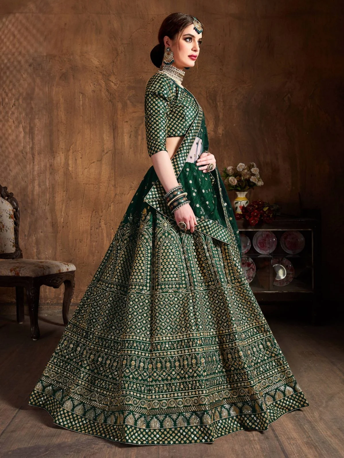 Odette Green And Gold Silk Blend Embroidered Semi Stitched Lehenga With Blouse For Women - Image 2