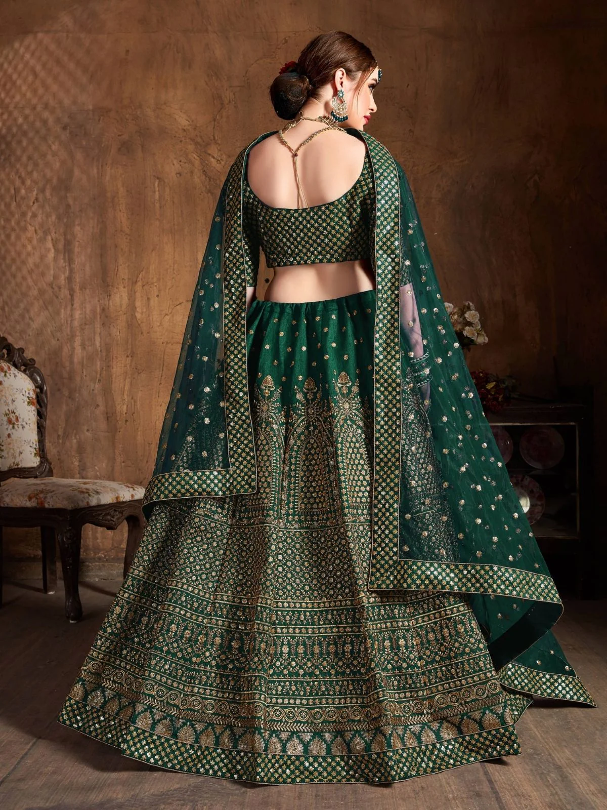 Odette Green And Gold Silk Blend Embroidered Semi Stitched Lehenga With Blouse For Women - Image 3