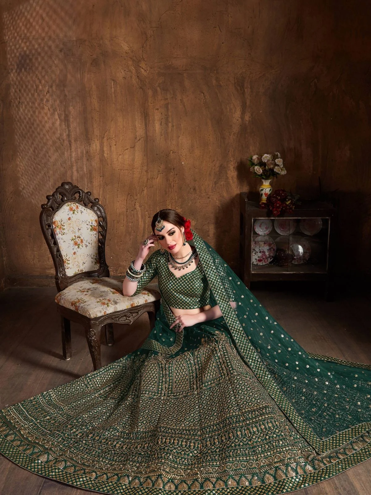 Odette Green And Gold Silk Blend Embroidered Semi Stitched Lehenga With Blouse For Women - Image 4
