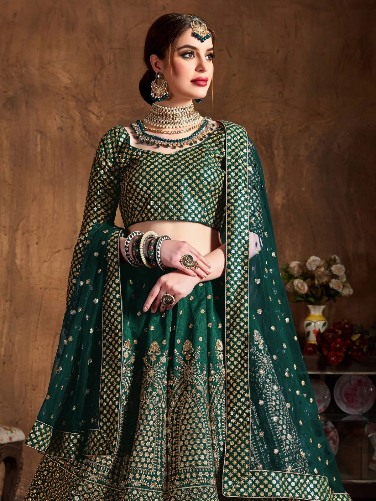 Odette Green And Gold Silk Blend Embroidered Semi Stitched Lehenga With Blouse For Women - Image 5