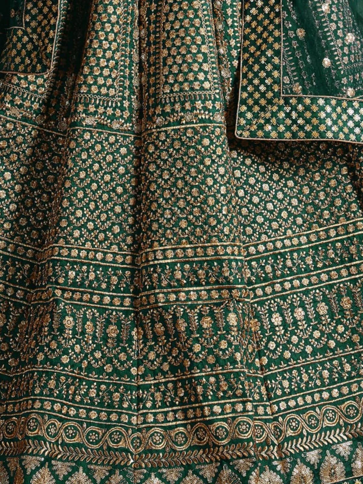 Odette Green And Gold Silk Blend Embroidered Semi Stitched Lehenga With Blouse For Women - Image 6