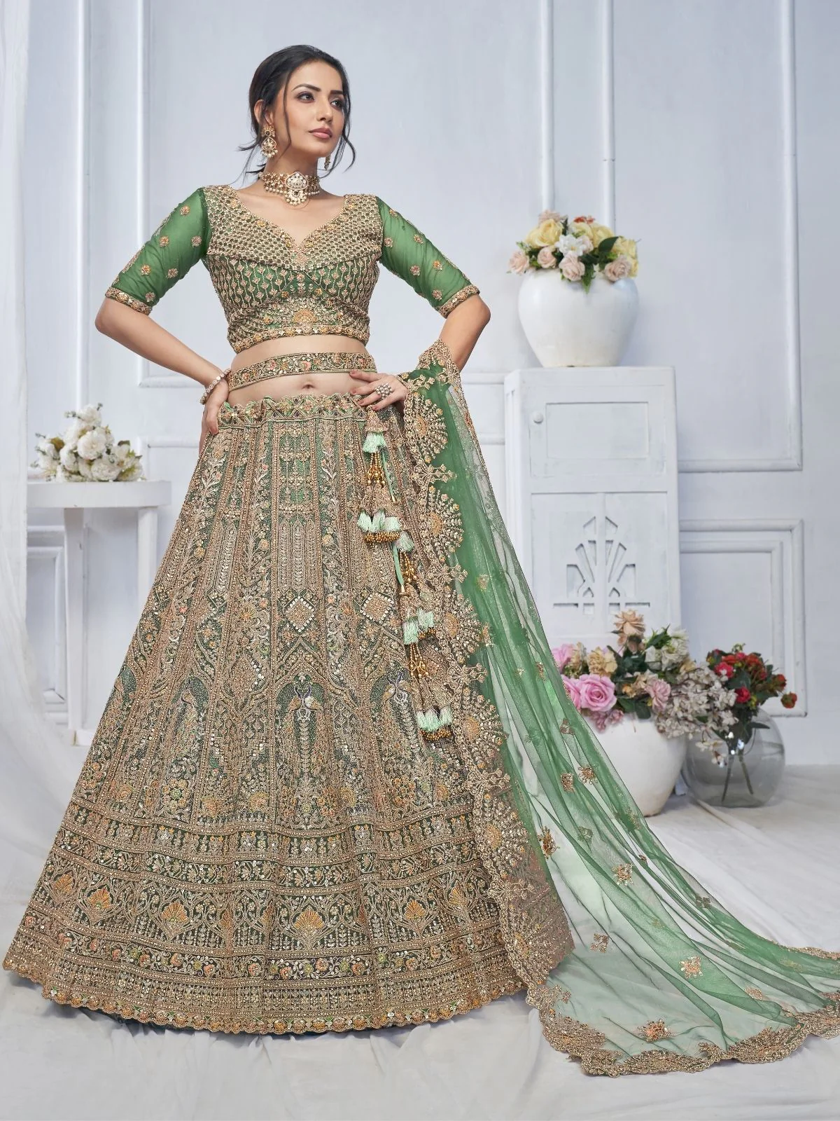 Odette Green And Gold Soft Net Embroidered Semi-Stitched Lehenga With Unstitched Blouse For Women - Image 2