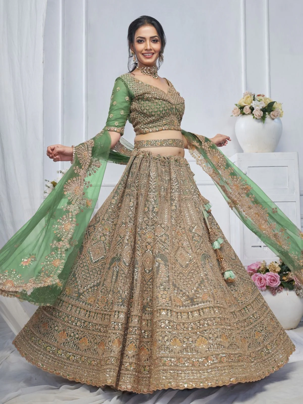 Odette Green And Gold Soft Net Embroidered Semi-Stitched Lehenga With Unstitched Blouse For Women - Image 3