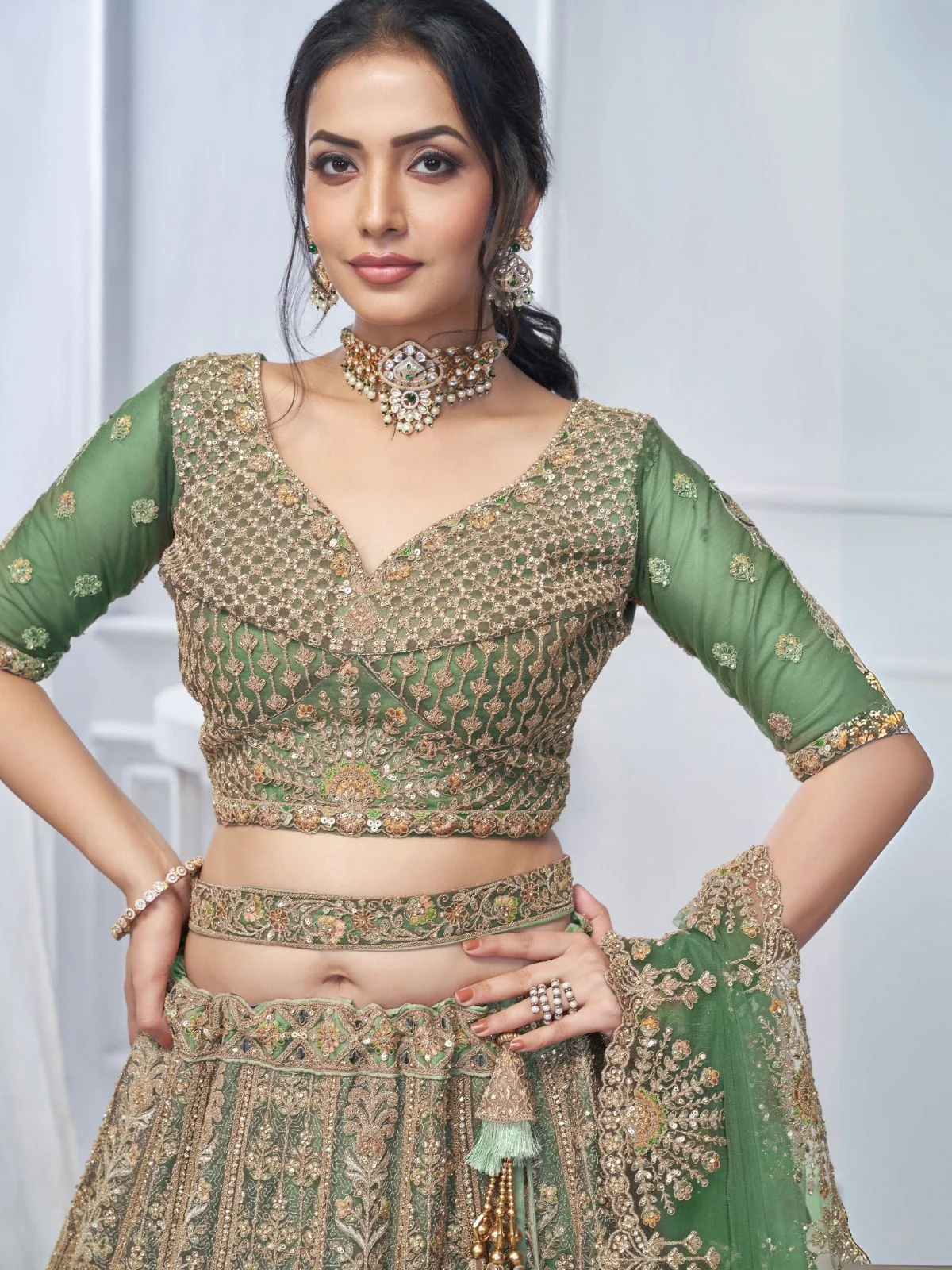 Odette Green And Gold Soft Net Embroidered Semi-Stitched Lehenga With Unstitched Blouse For Women - Image 5