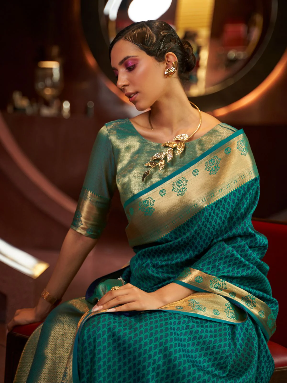 Odette Green And Gold Woven Design Silk Blend Saree With Unstitched Blouse For Women - Image 2