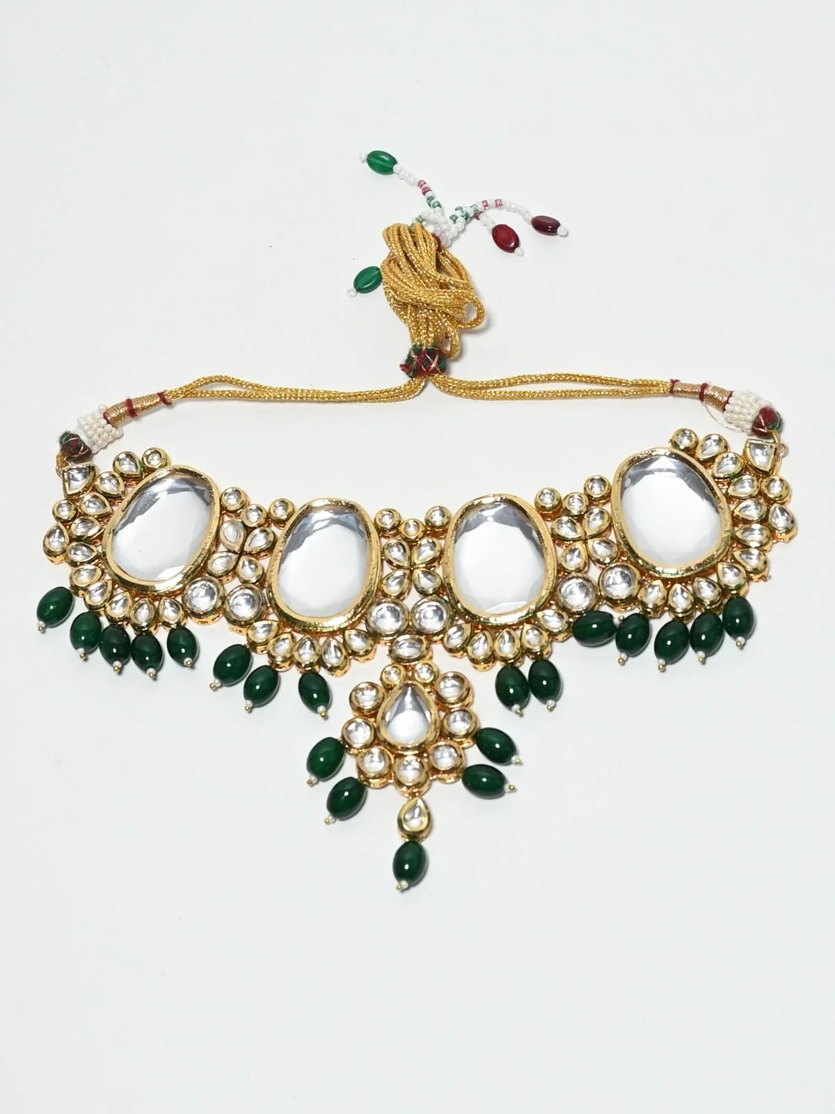 Odette Green And Golden Alloy Beaded Pearl And Kundan Jewellery Set For Women - Image 4