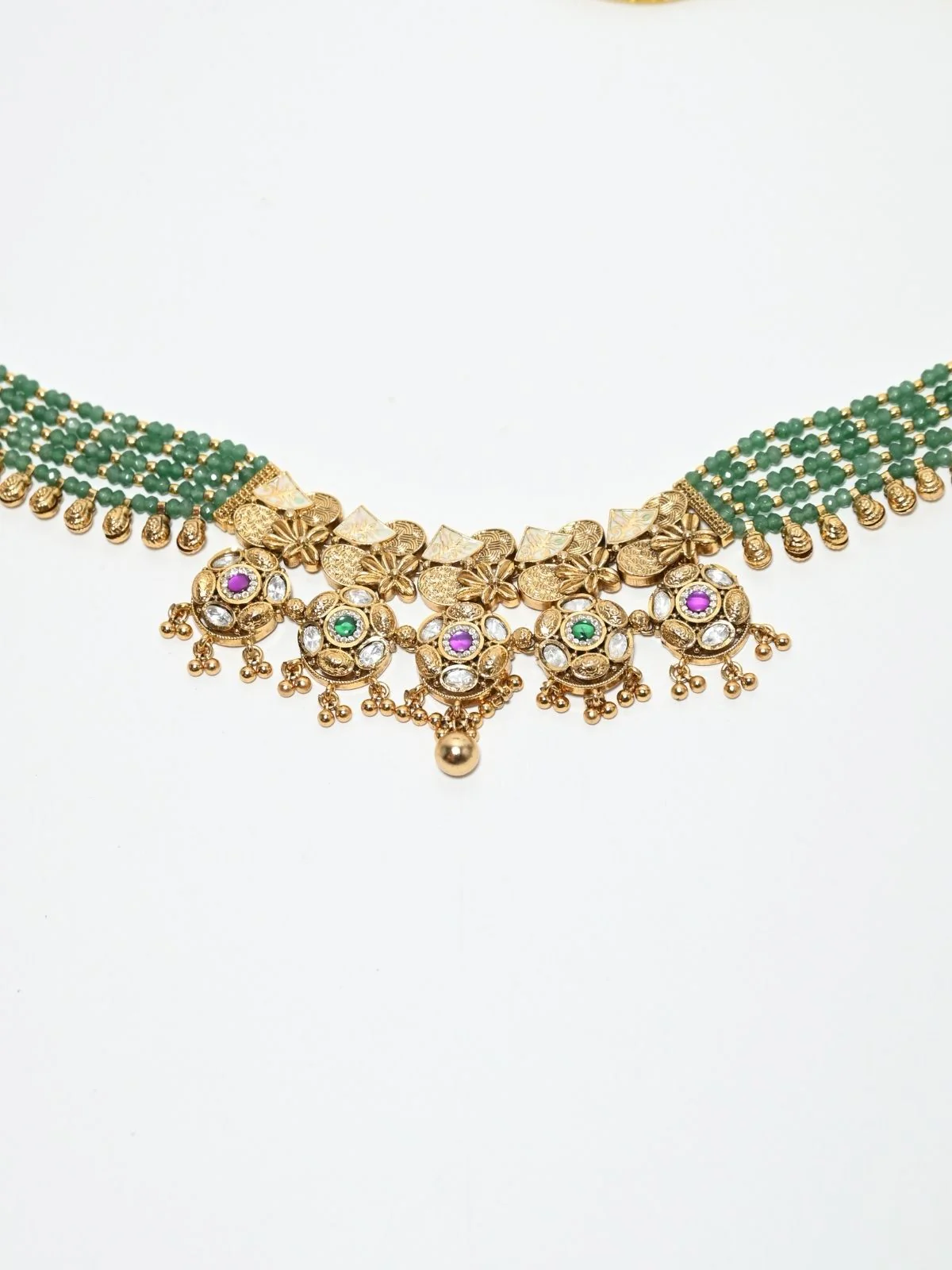 Odette Green And Golden Alloy Beaded Pearl Jewellery Set For Women - Image 5