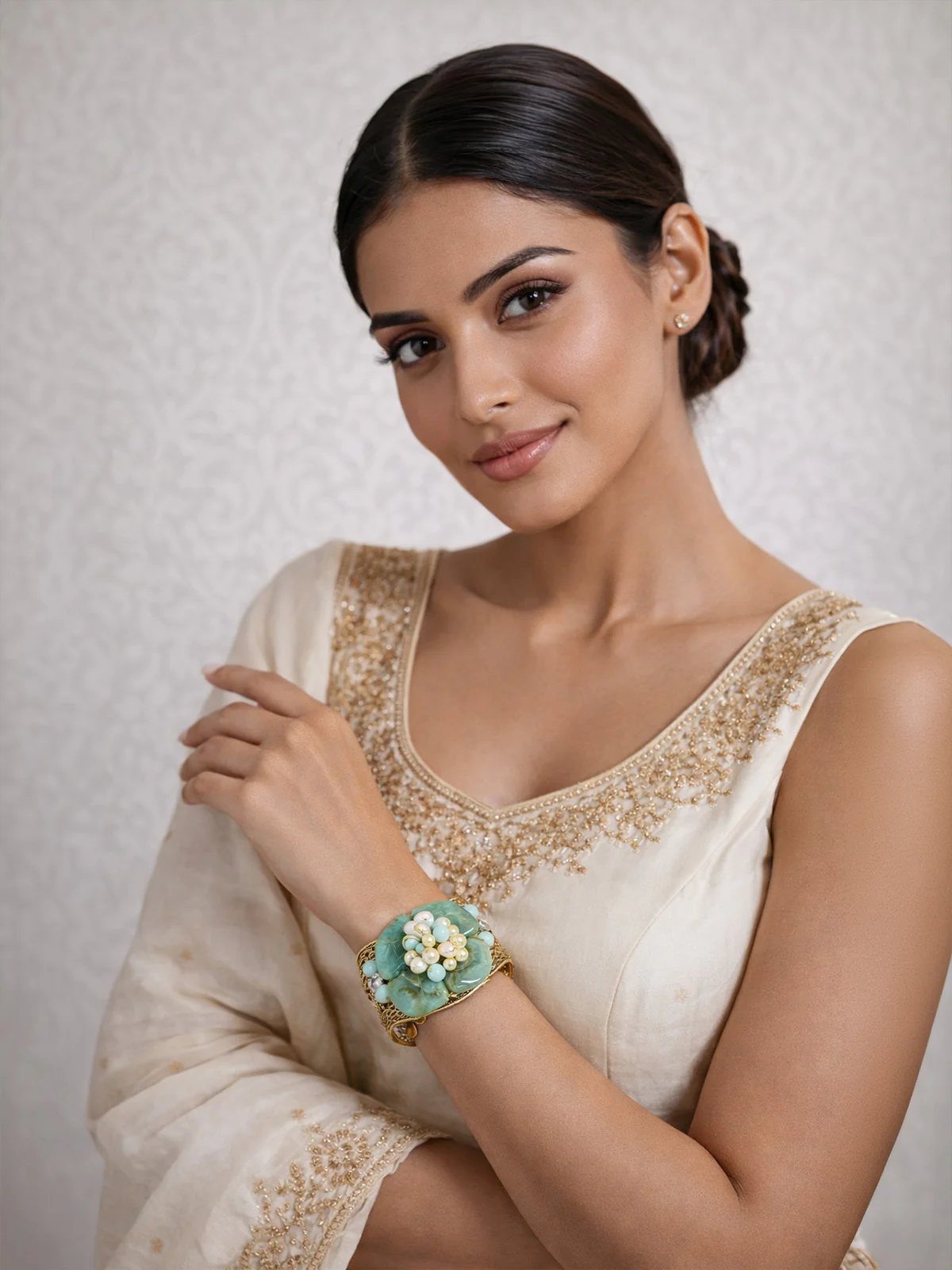 Odette Green And Golden Alloy Pearl And Stone Cuff Bracelet For Women