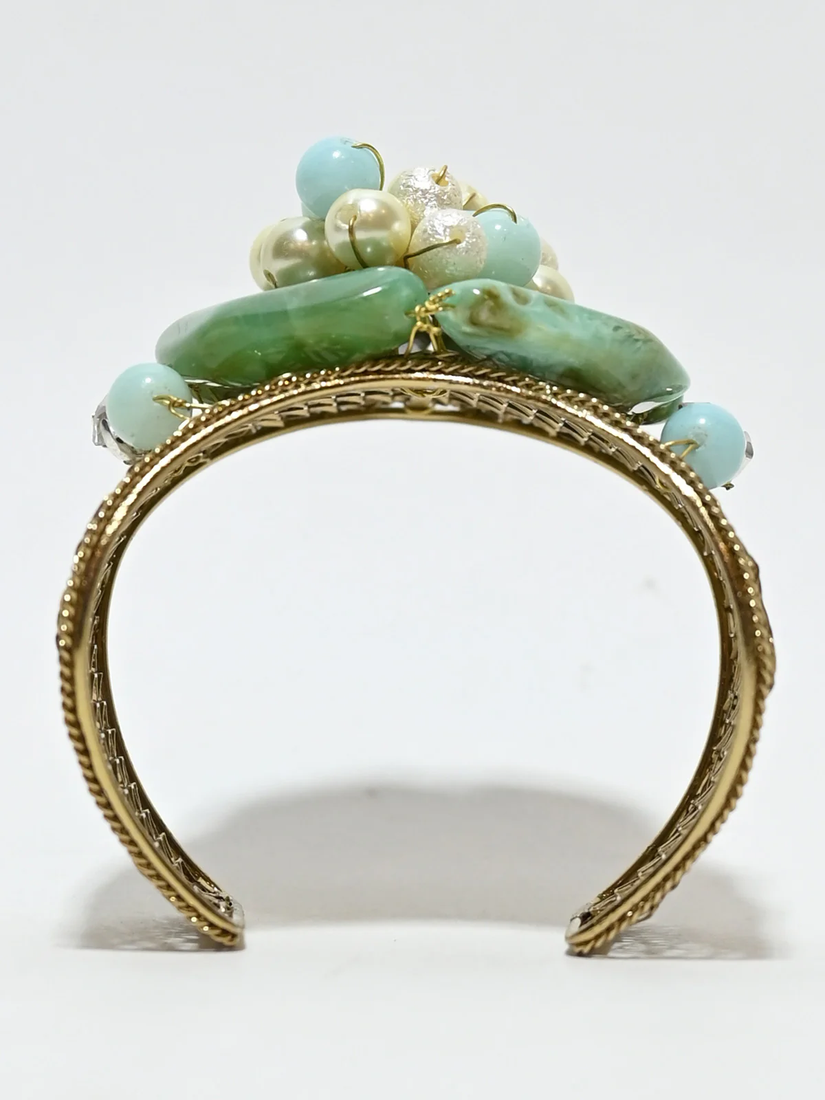 Odette Green And Golden Alloy Pearl And Stone Cuff Bracelet For Women - Image 4