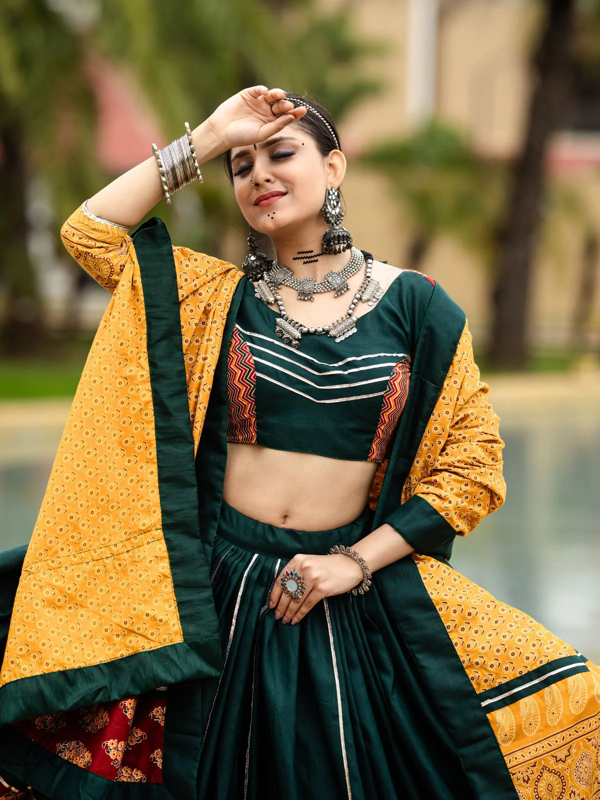 Odette Green And Maroon Printed Cotton Stitched Lehenga With Stitched Blouse And Dupatta For Women - Image 4
