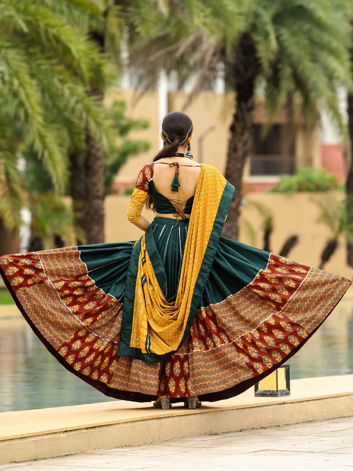 Odette Green And Maroon Printed Cotton Stitched Lehenga With Stitched Blouse And Dupatta For Women - Image 6
