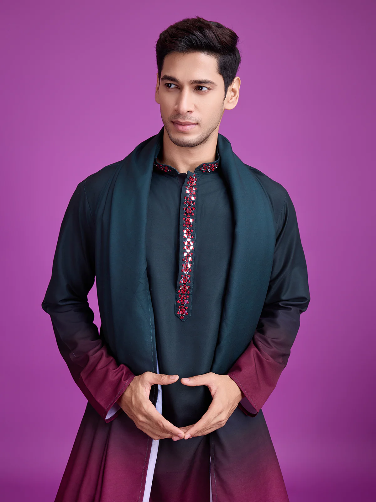 Odette Green And Maroon Ombre Rayon Kurta With Dupatta For Men - Image 5