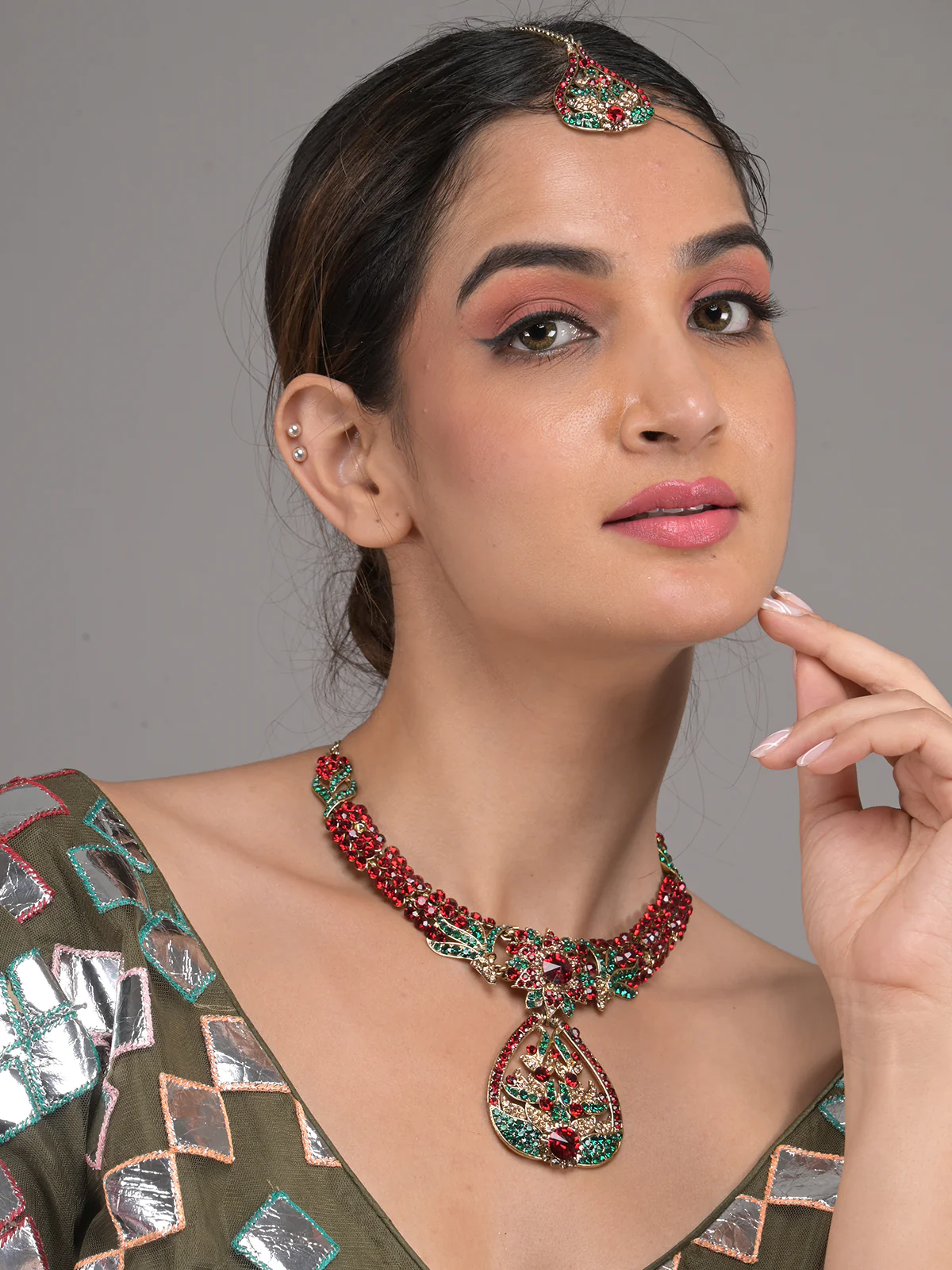 Odette Green and Maroon Stone Embellished Necklace Set with Maangtika for Women - Image 2