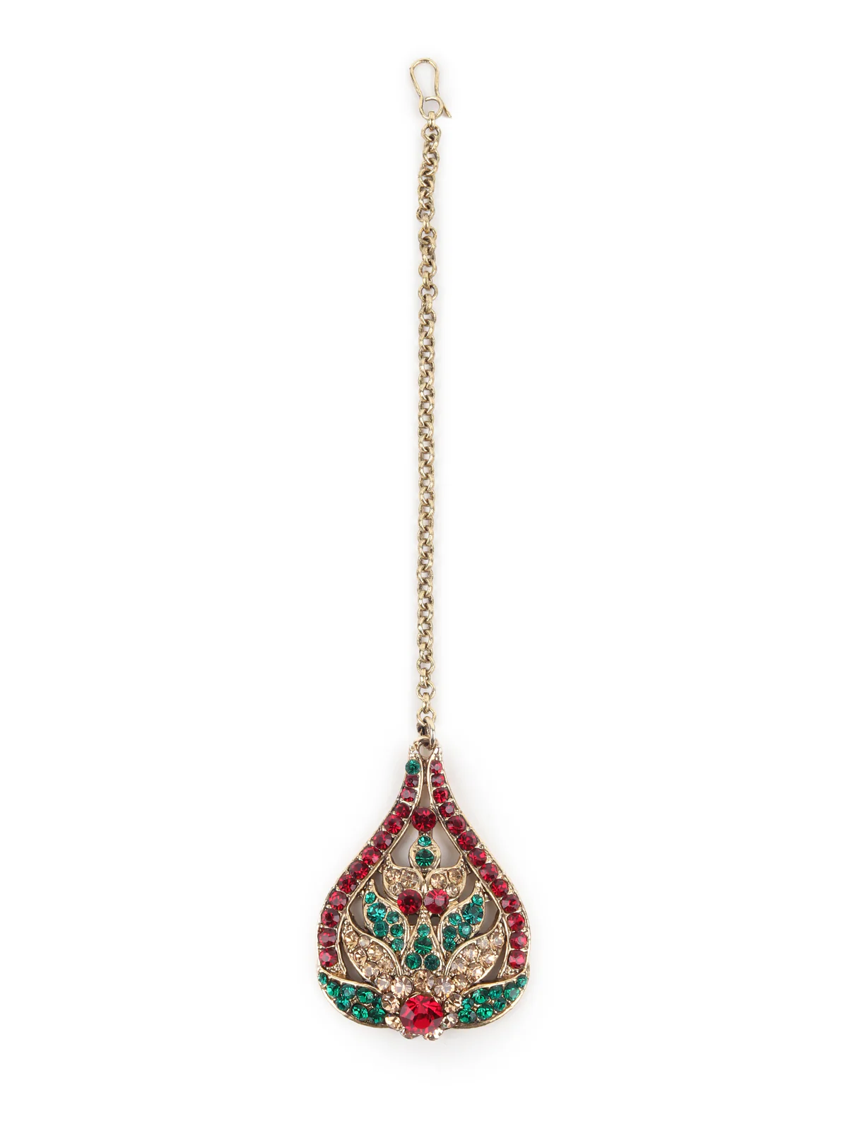 Odette Green and Maroon Stone Embellished Necklace Set with Maangtika for Women - Image 7