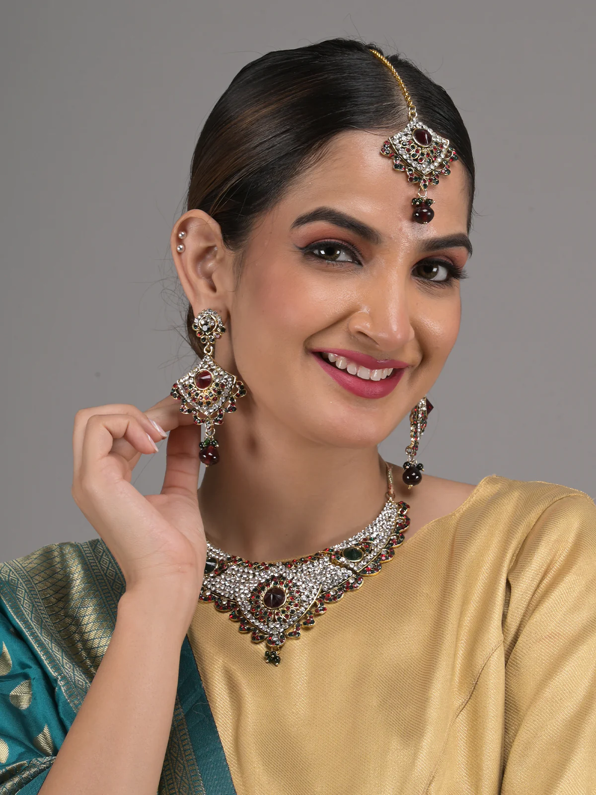 Odette Green and Maroon Stone Studded Necklace Set with Maangtika for Women - Image 2