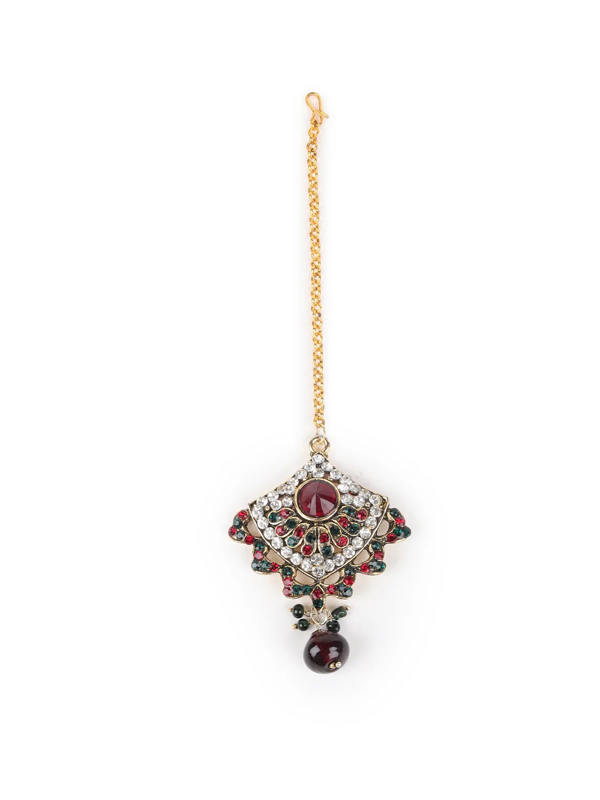 Odette Green and Maroon Stone Studded Necklace Set with Maangtika for Women - Image 6