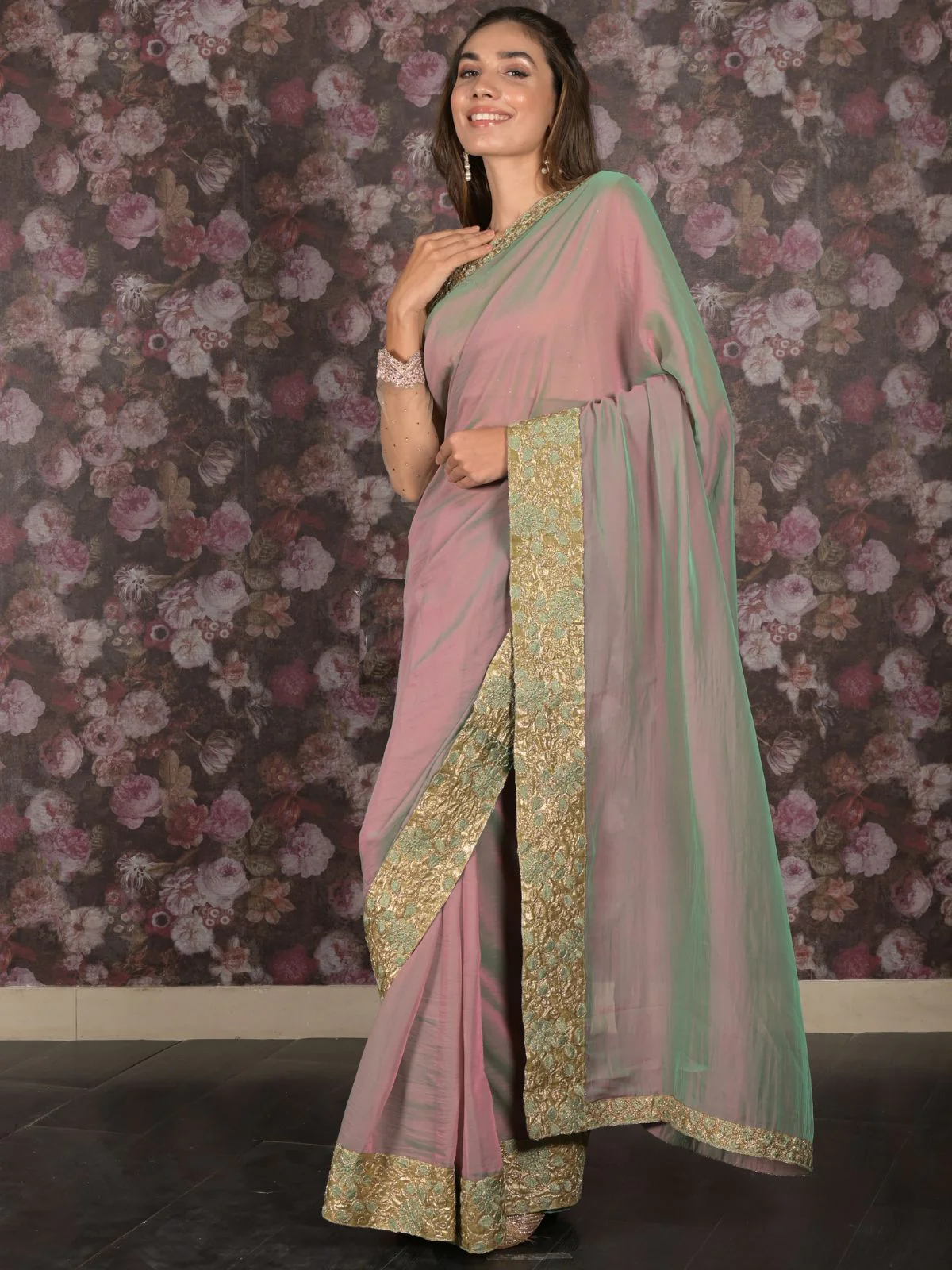 Odette Green and Pink Double Shaded Embroidered Crepe Saree with Unstitched Blouse for Women - Image 3