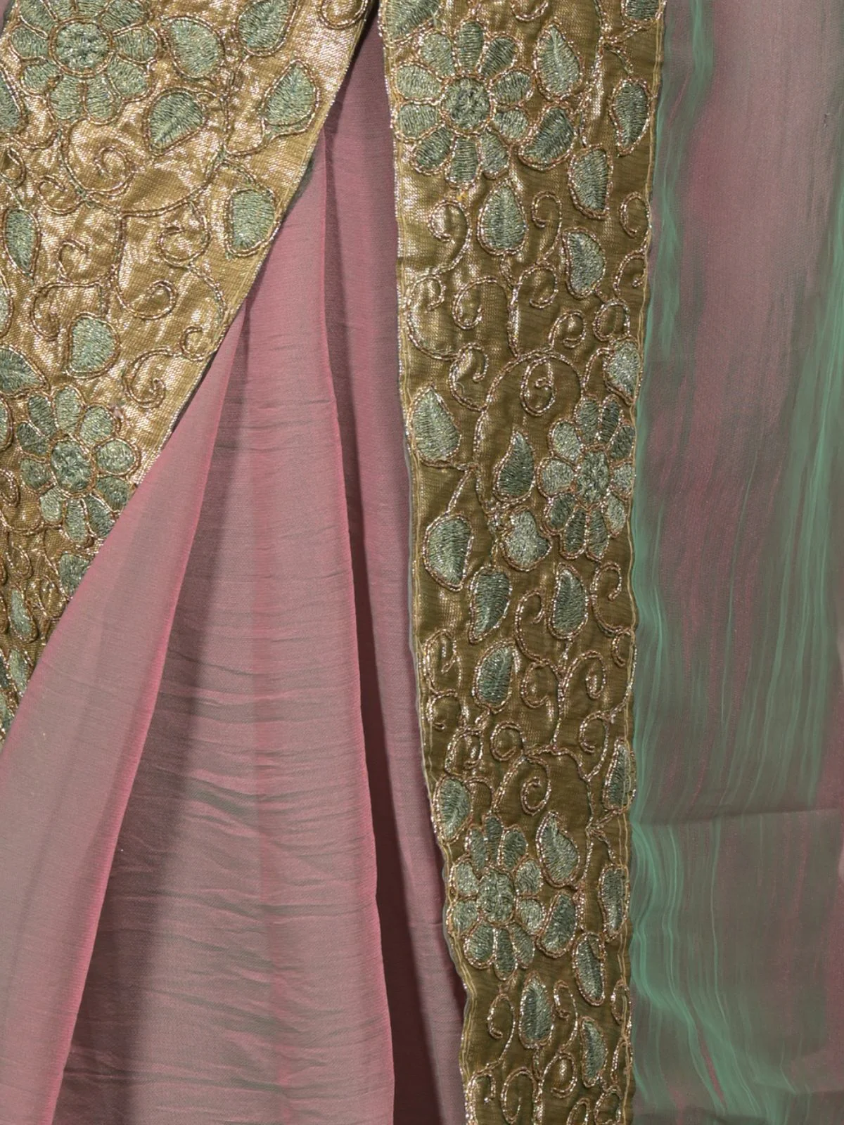 Odette Green and Pink Double Shaded Embroidered Crepe Saree with Unstitched Blouse for Women - Image 5