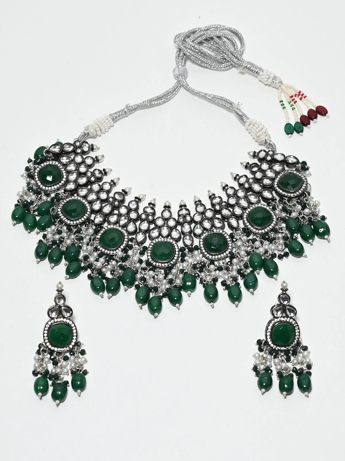 Odette Green And Silver Alloy Kundan And Stone Jewellery Set For Women - Image 3