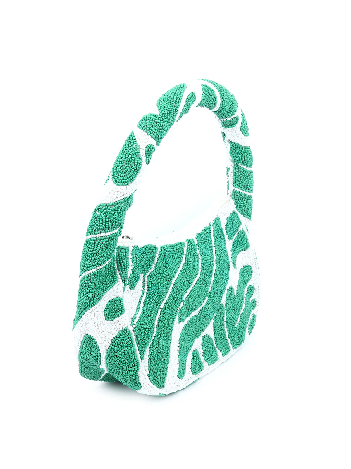 Odette Green And White Cotton Blend Beaded Hand Bag For Women - Image 2