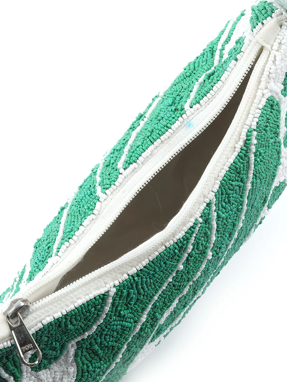 Odette Green And White Cotton Blend Beaded Hand Bag For Women - Image 4