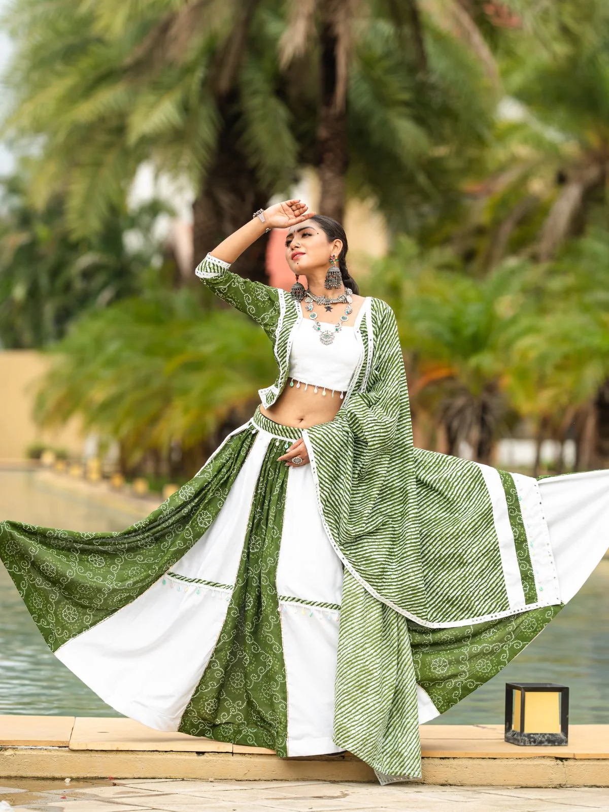 Odette Green And White Printed Cotton Stitched Lehenga With Blouse For Women - Image 2