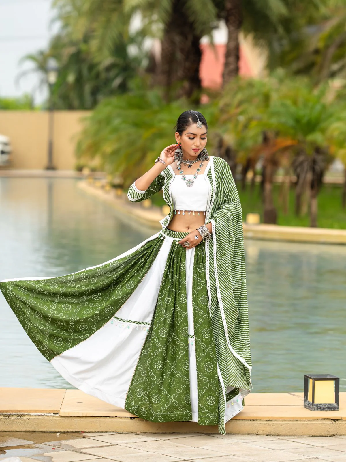 Odette Green And White Printed Cotton Stitched Lehenga With Blouse For Women - Image 3