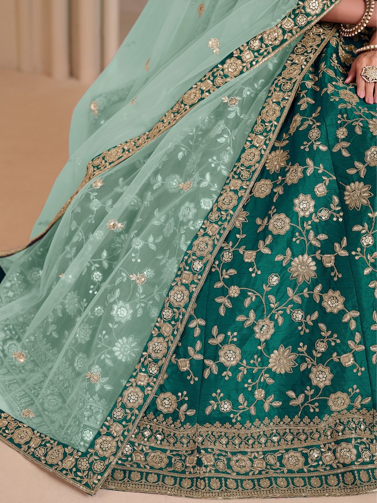 Odette Green Art Silk Embroidered Semi-Stitched lehenga For Women - Image 4
