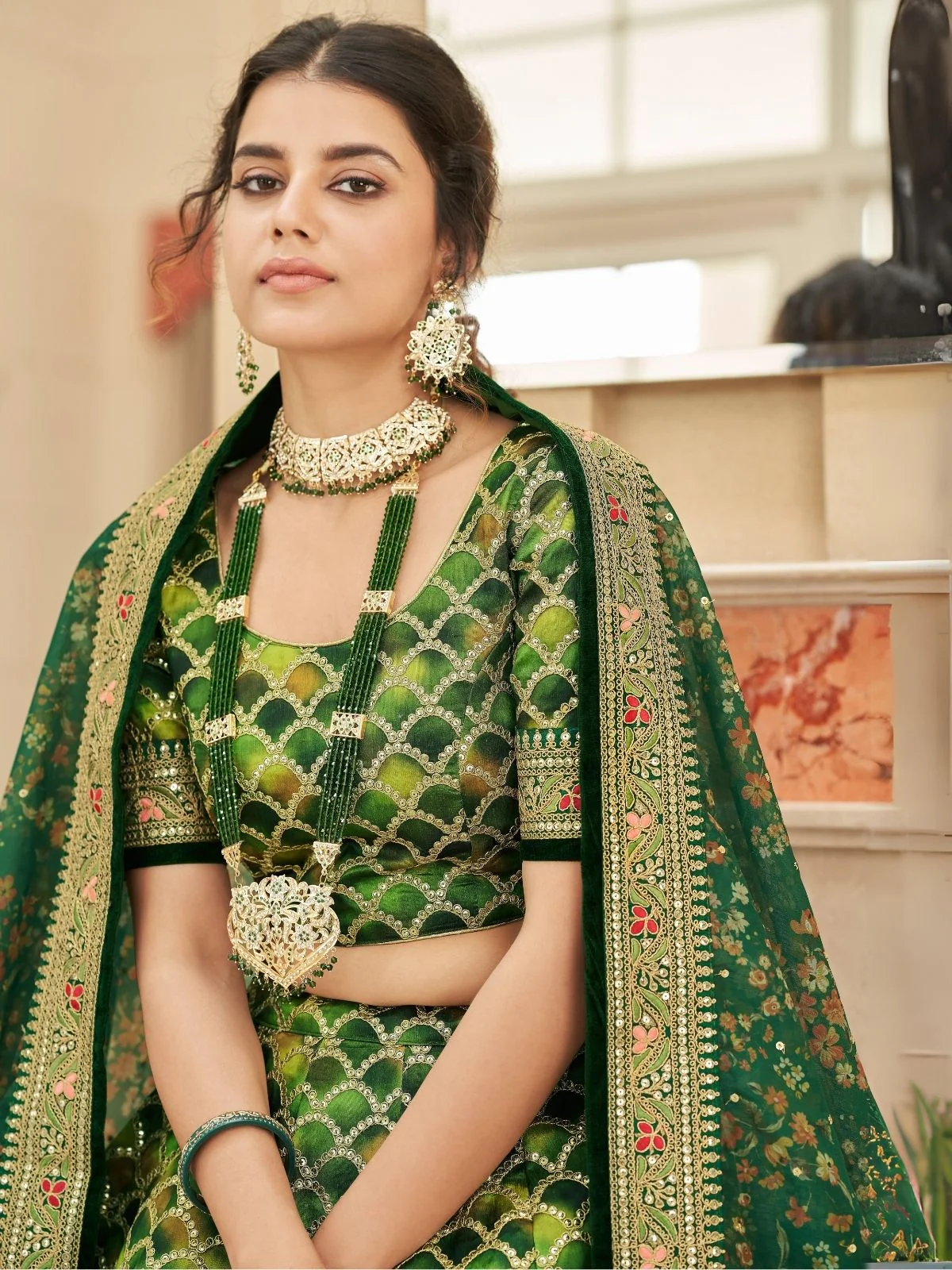 Odette Green Art Silk Embroidered Semi Stitched Lehenga With Blouse For Women - Image 4